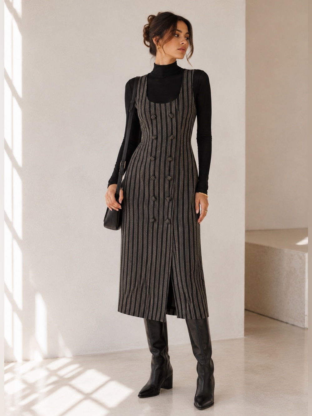 60s 70s Mod Blazer Dress Double Breasted Pinstripe Midi Architectural Sz M